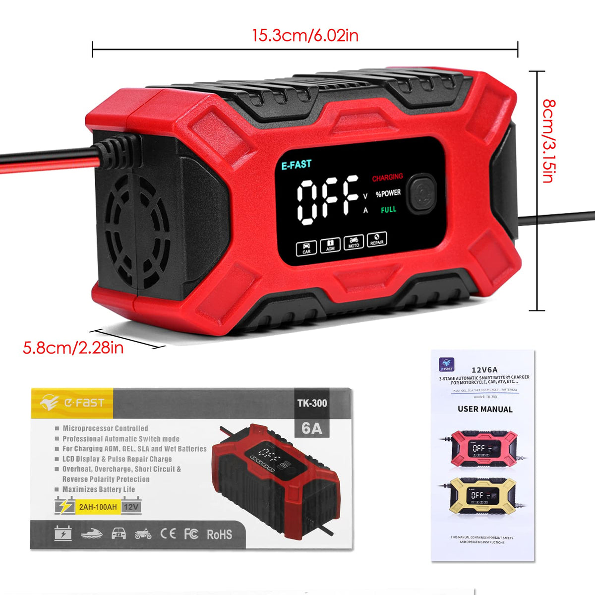 ZORBES® Red 6A 12V Fully Automatic Car Battery Charger & Maintainer,EU Plug Intelligent Trickle Charger with LCD Screen for Car,Motorcycle,Lawn Mower and More