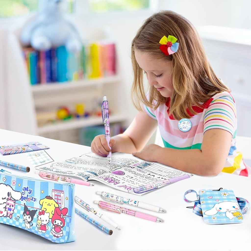 ZORBES® Juego de 26 útiles escolares Kawaii Cinnamoroll, juego de suministros de papelería Kawaii con cuaderno, estuche bolígrafo negro, pegatinas Cinnamoroll surtidas, artículos de papelería