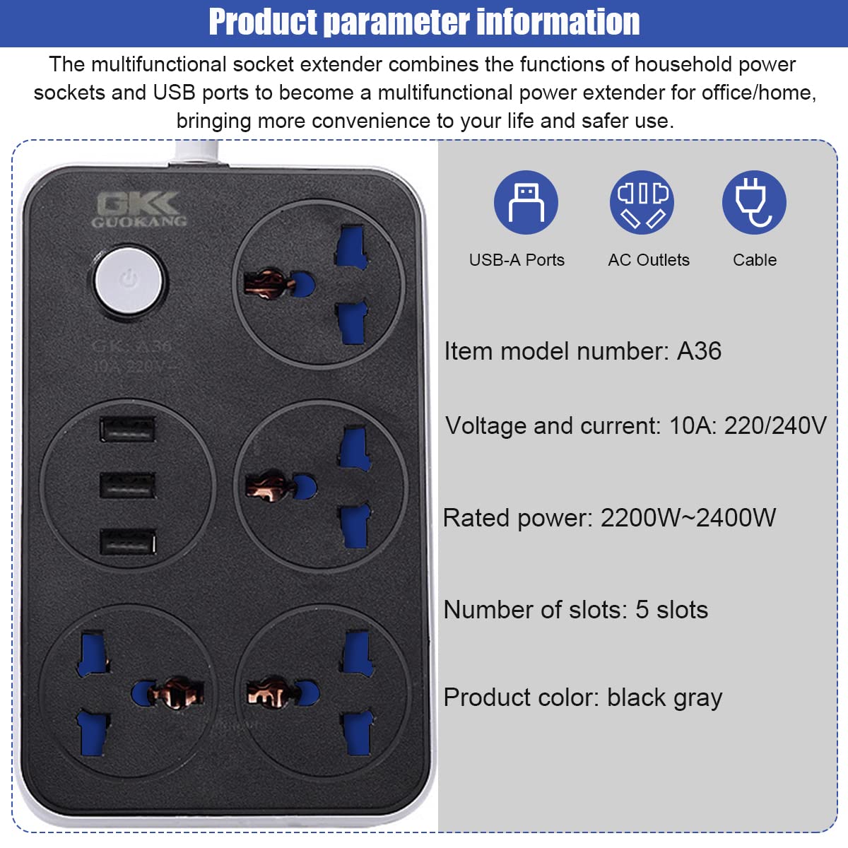 ZORBES® Extension Board with 3 USB Ports + 4 Power Sockets 2400W Electric Outlet Extender USB Extension Surge Protection Sockets and 2m Cable Extension Cord