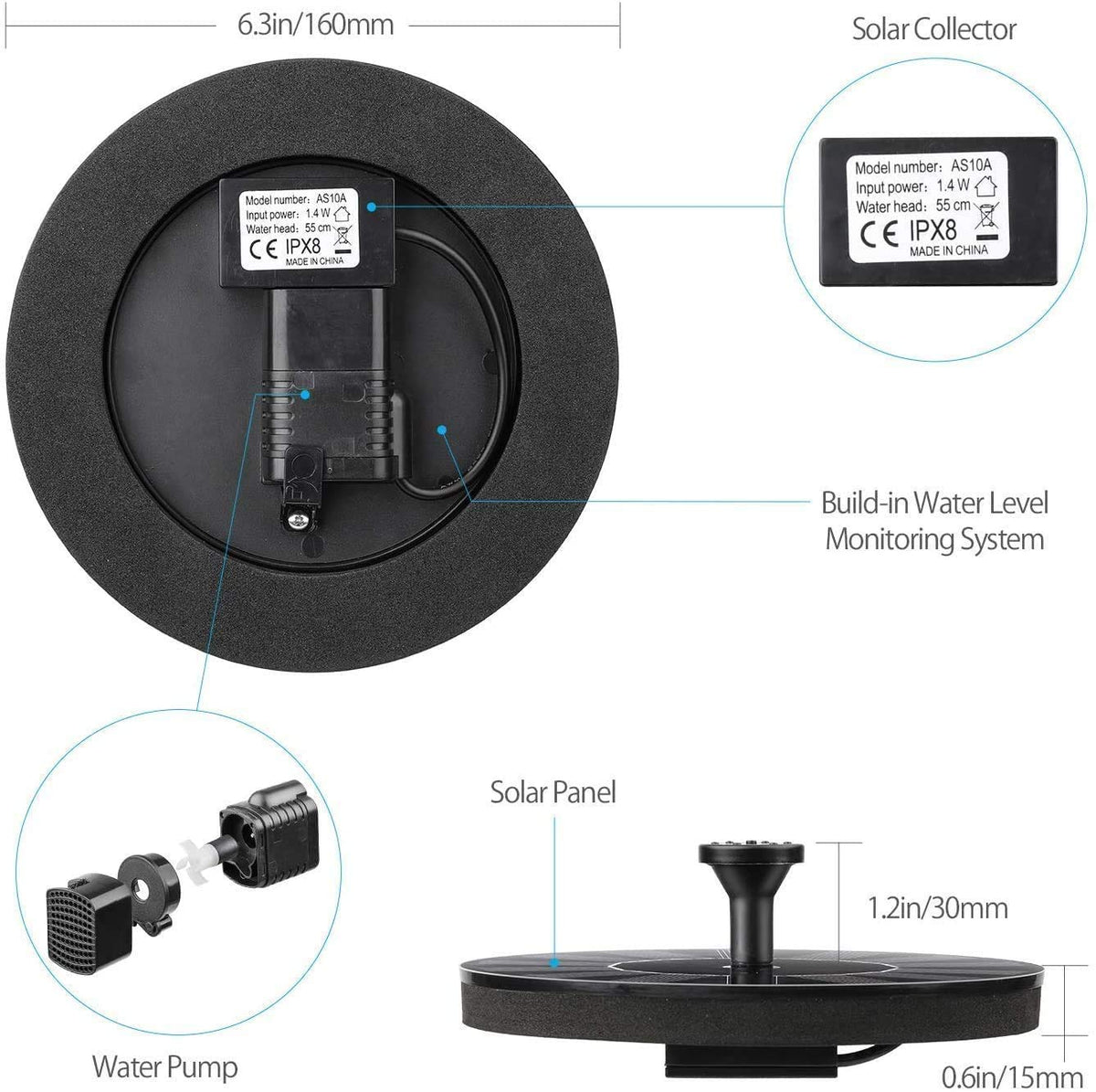 Verilux Solar Fountain Pump for Garden and Pond with 4 Nozzles 7V 1.4W | Floating Black 3PCS