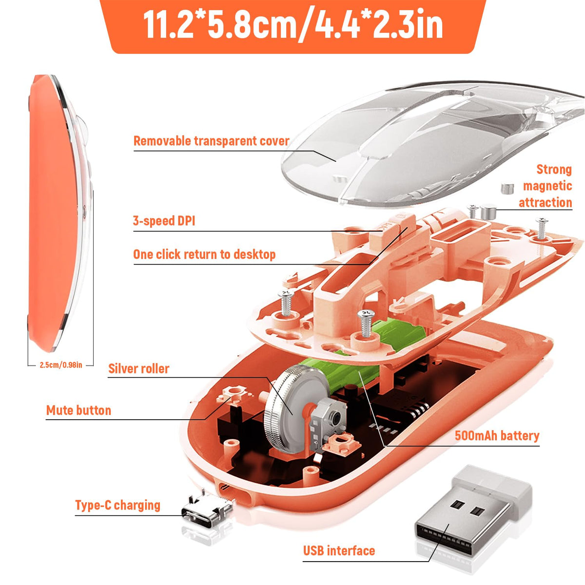 Verilux Wireless Mouse for Laptop with 2.4G and Bluetooth, 1600DPI, Transparent Orange Design