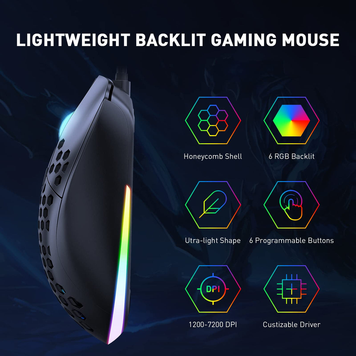 Verilux® RGB Wired Gaming Mouse Honeycomb Lightweight Ergonomic Mouse Max 7200 DPI Ultra Smooth Tracking