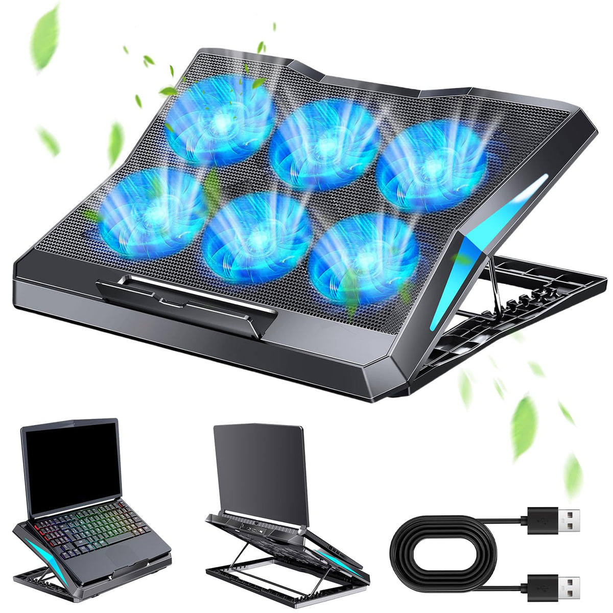 ZORBES® Laptop Riser with LED Cooling Fan, 2 in 1 LED Cooling Laptop Riser with 6 Fans & USB Interface, USB Powered, 6 Adjustable Speed & Height, Universal Laptop Riser for 13-17 inch Laptops