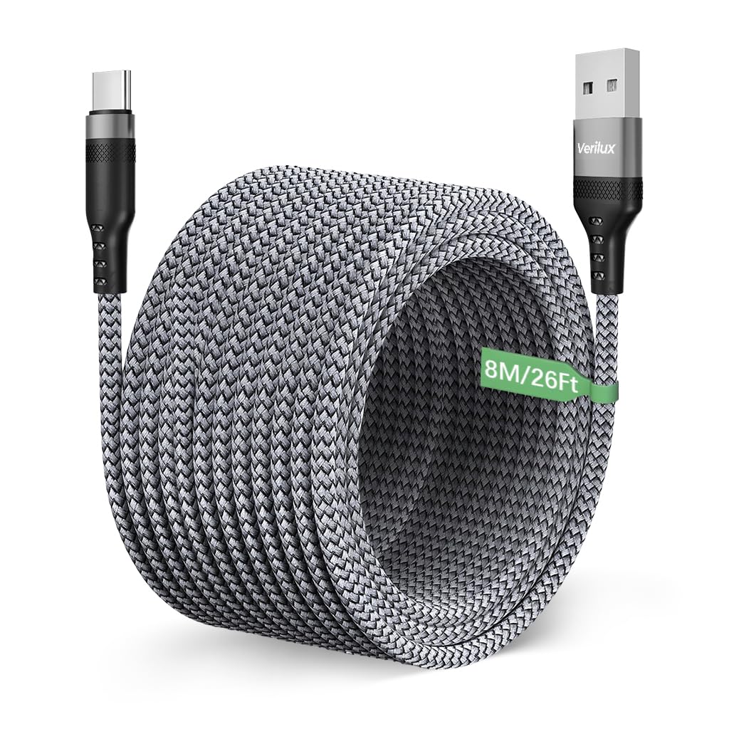 Verilux Type C Cable 8m 26ft for iPhone 17 and Galaxy S25 featuring Nylon Braid & Metal Connectors