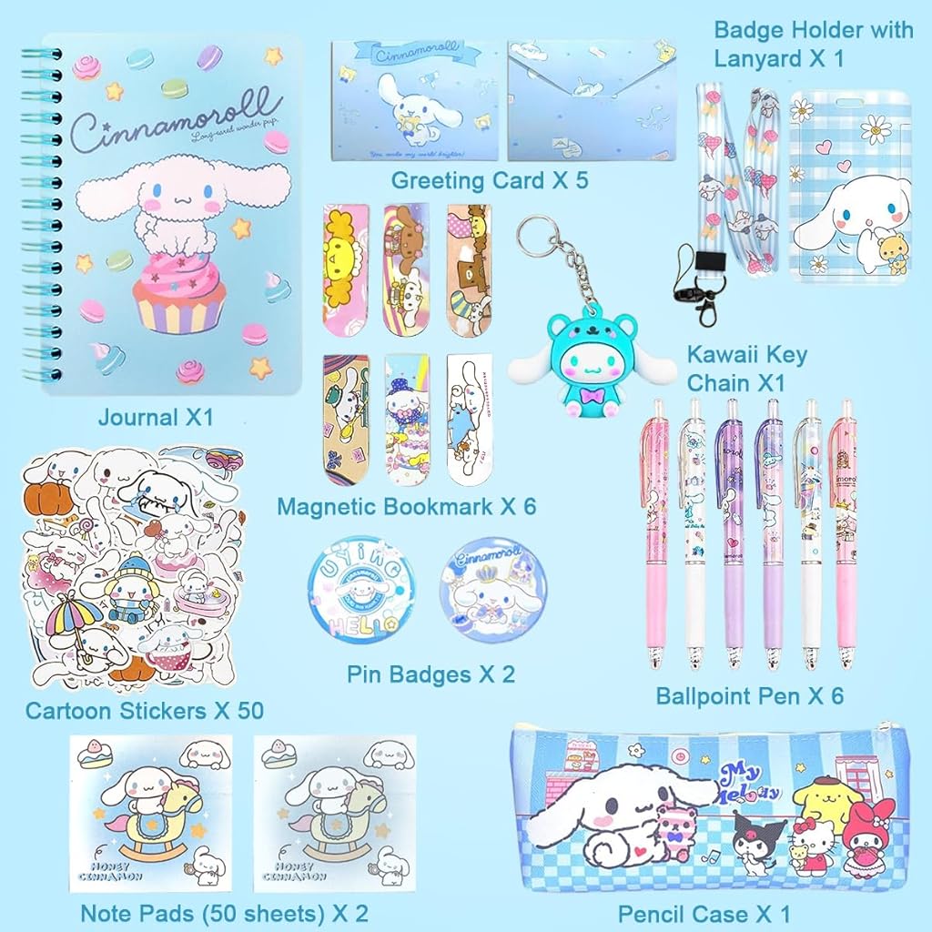 ZORBES® Juego de 26 útiles escolares Kawaii Cinnamoroll, juego de suministros de papelería Kawaii con cuaderno, estuche bolígrafo negro, pegatinas Cinnamoroll surtidas, artículos de papelería