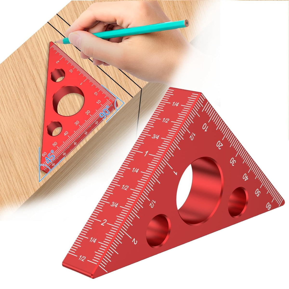 Serplex® 2.56'' Triangle Ruler Woodwork Ruler Depth Meauring Ruler, Aluminum Alloy Architect Scale Ruler, 3-Sided Ruler, 45/90 Degree with Imperial and Metric Scales Measuring Tool for Woodworking