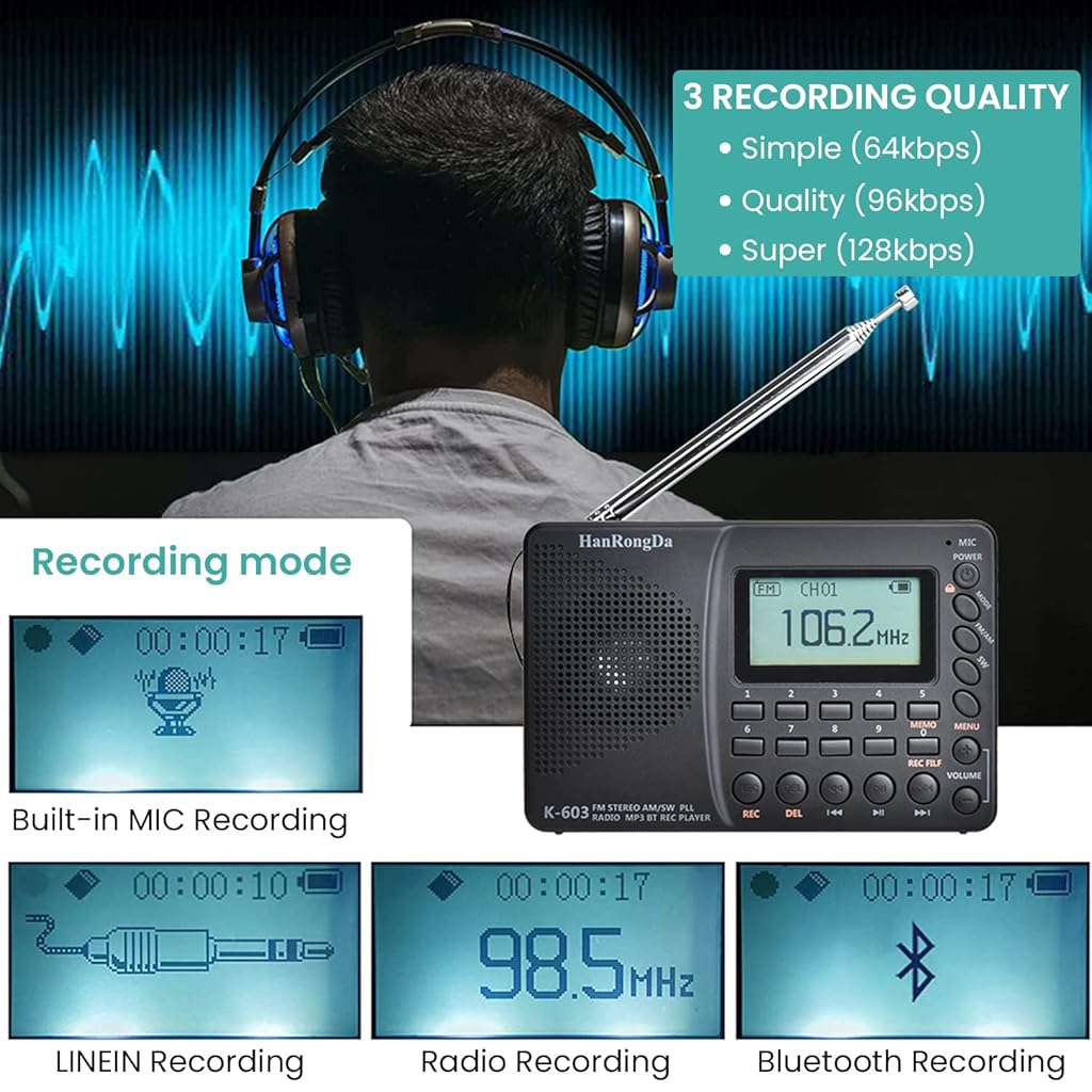 ZORBES® Portable AM FM SW Radio with 3.5mm Earphone Jack Large LCD Display Bluetooth FM Radio Music Player Speaker Support TF Card, Recording, Line in, USB AM/FM Radio for Travel, Camping, Walking