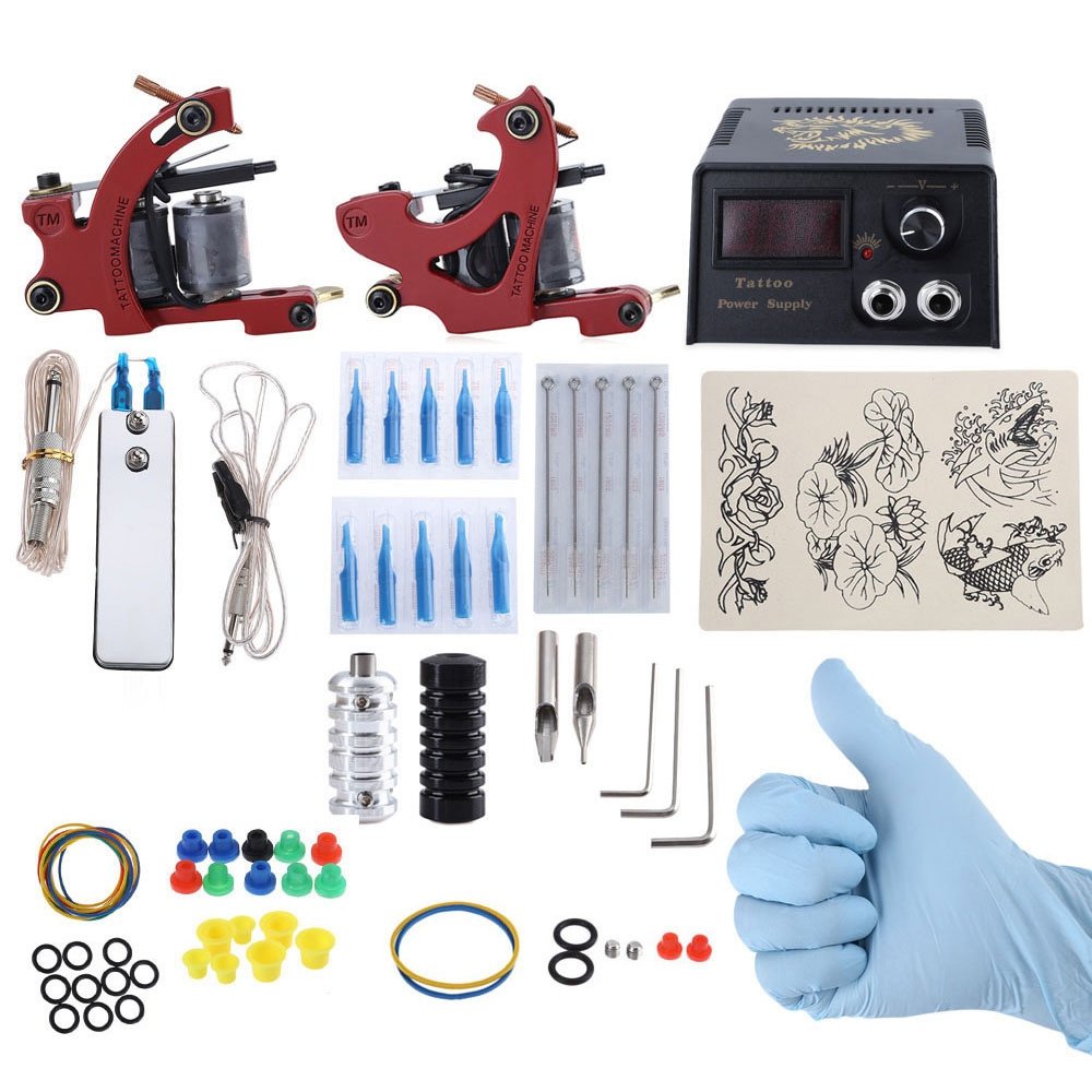 Verilux Complete Tattoo Kit 2 Tattoo Machines Power Supply System (Red, THREE PIN US PLUG)