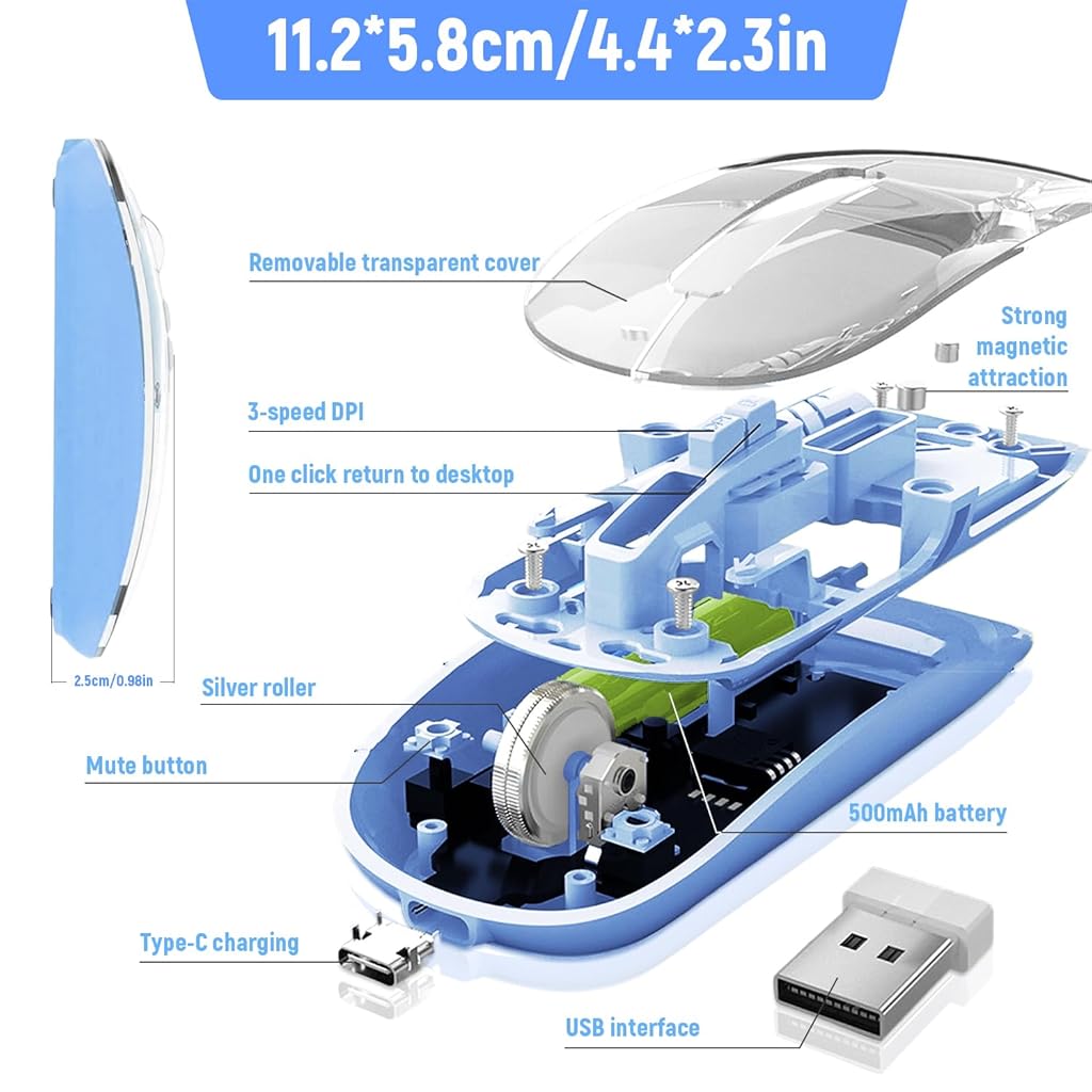 Verilux® Transparent Wireless Mouse, Rechargeable Dual Modes 2.4G & 5.1 Bluetooth Mouse for Laptop