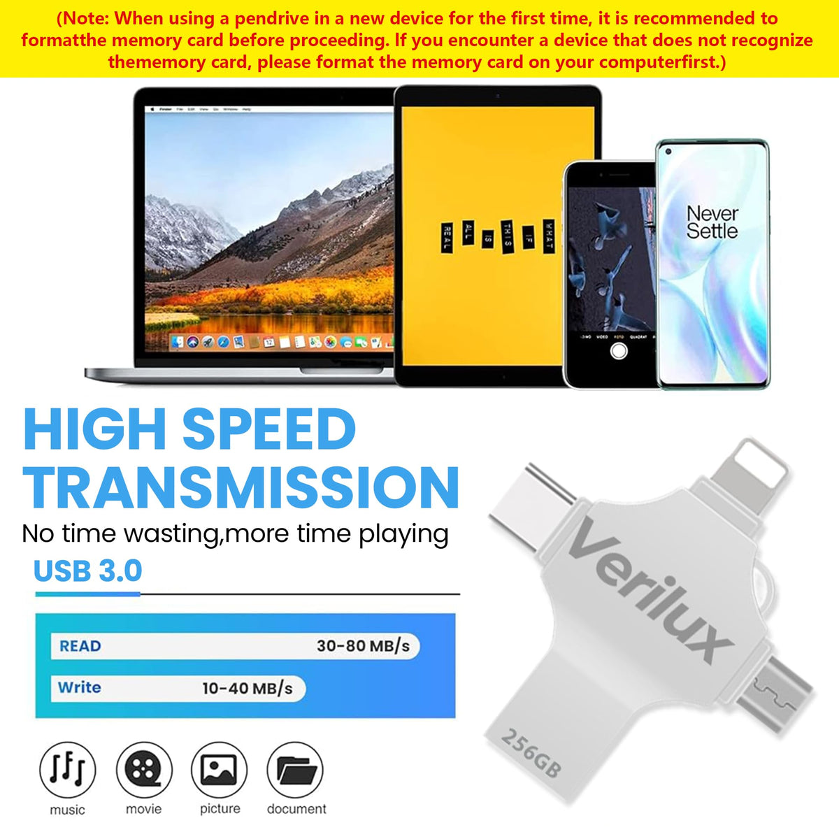 Verilux Pendrive 256GB for iPhone and Android with 4 in 1 USB Type-C Design | Aluminum Body