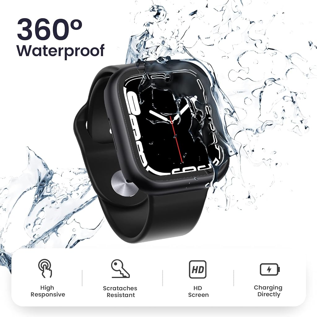 ZORBES® [2 in 1] Waterproof Hard PC Case with Tempered Glass Screen Protector Compatible with Apple Watch Series 7 (45mm, Black)