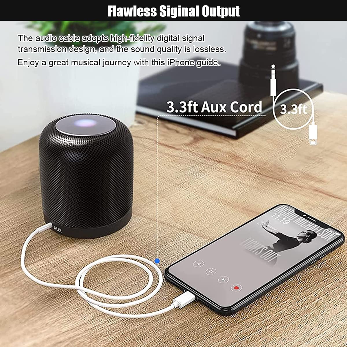 Verilux Lightning to 3.5 mm Audio Cable for iPhone featuring 3.3 ft length and soft TPE | plug and play connection for car and home stereo