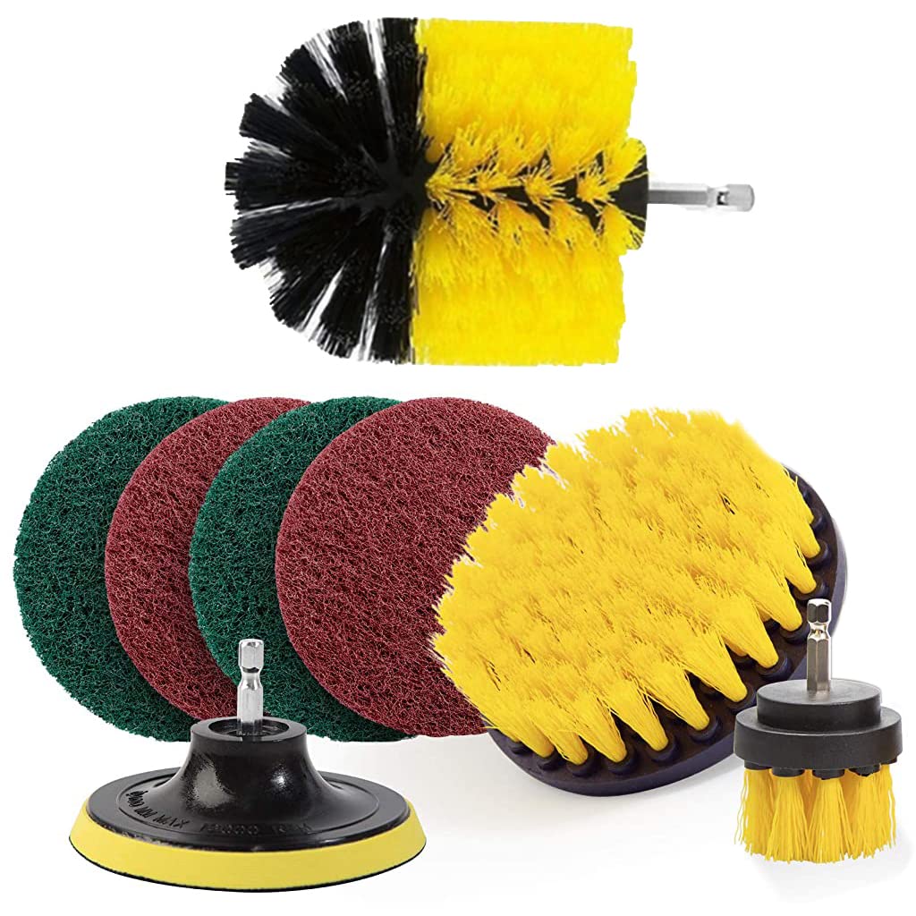 ZORBES® Yellow 8 Pcs Power Drill Scrubber Brush Pads and Attachment Set For Bathroom Surfaces,Floor,Tub,Shower,Grout,Tile Without Drill Machine pack of 1