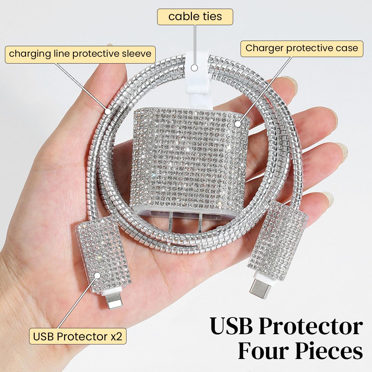 Verilux® Set of 3 Fashion Rhinestone Charger Protector Skin Cover & Charging Cable Protector for iPhone 15 20W, Anti-Scratch Charger Adapter Protector Charging Cable Sleeve, for iPhone Accessories