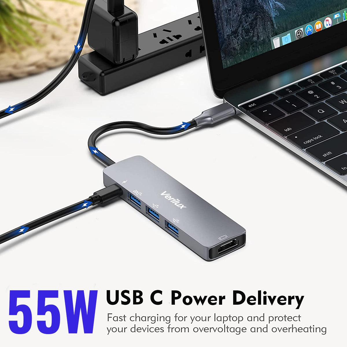 Verilux USB C Hub 5 in 1 with 4K HDMI and 55W PD Charging | Aluminum Multiport Adapter for MacBook