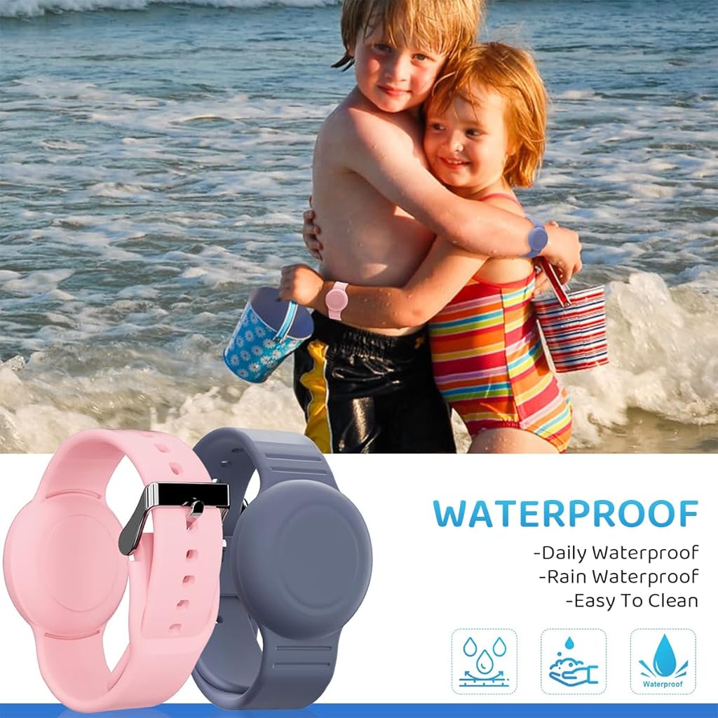 ZORBES® Waterproof AirTag Bracelet for Kids(2 Pack), Soft Silicone Air Tag Hidden Wristband, Lightweight GPS Tracker Compatible with Apple AirTag Watch Band for Child (Grey Blue & Pink)