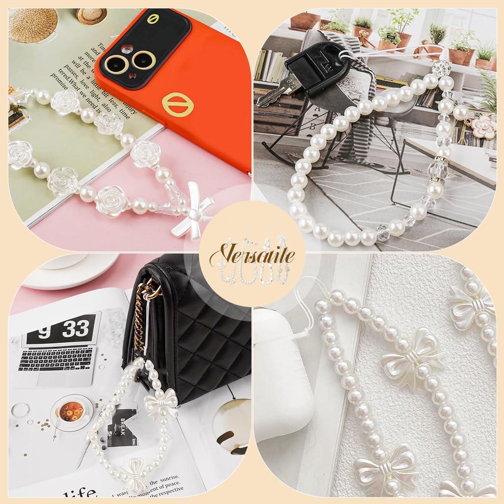 ZORBES® 4Pcs Phone Charms for Girls Trendy Pearl Bow Floral Phone Charm with String Loop Beaded Phone Charms Phone Charms Wrist Straps Kawaii Girls Phone Charms for Phone Case Gift for Girls