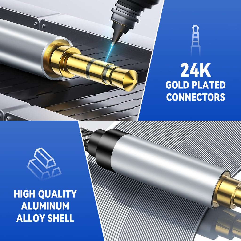 Verilux Aux Cable for Speakers with 9.8 ft Length and Gold Plated Connectors | Nylon Braided