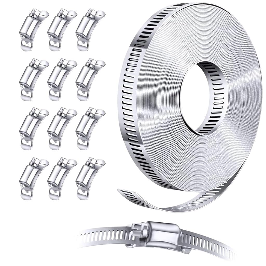 Serplex® 32.8ft Hose Clamp Roll DIY Hose Clamp Roll 304 Stainless Steel Hose Clamp with 12 Fastening Bolts Attachment Cuttable Hose Clamp Hose Clamp Band for Plumbing, Pipe Repairing
