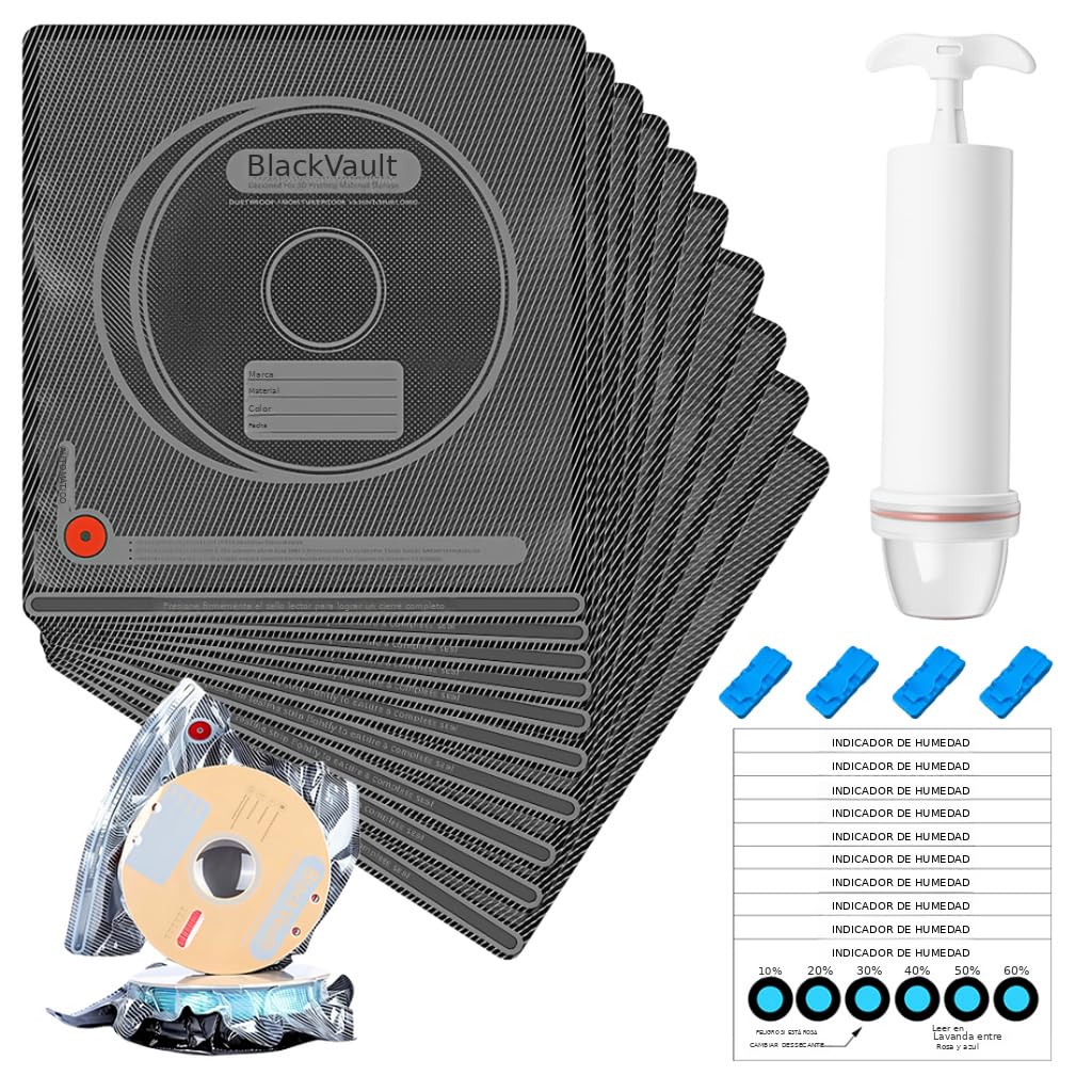 Serplex® 3D Printer Filament Storage Kit, 10PCS Vacuum Seal Bags 32x34cm, 4 Sealing Clips, 10 Humidity Indicator Cards & Hand Pump with Built-In Filter, Moisture-Proof Filament Maintenance Supplies