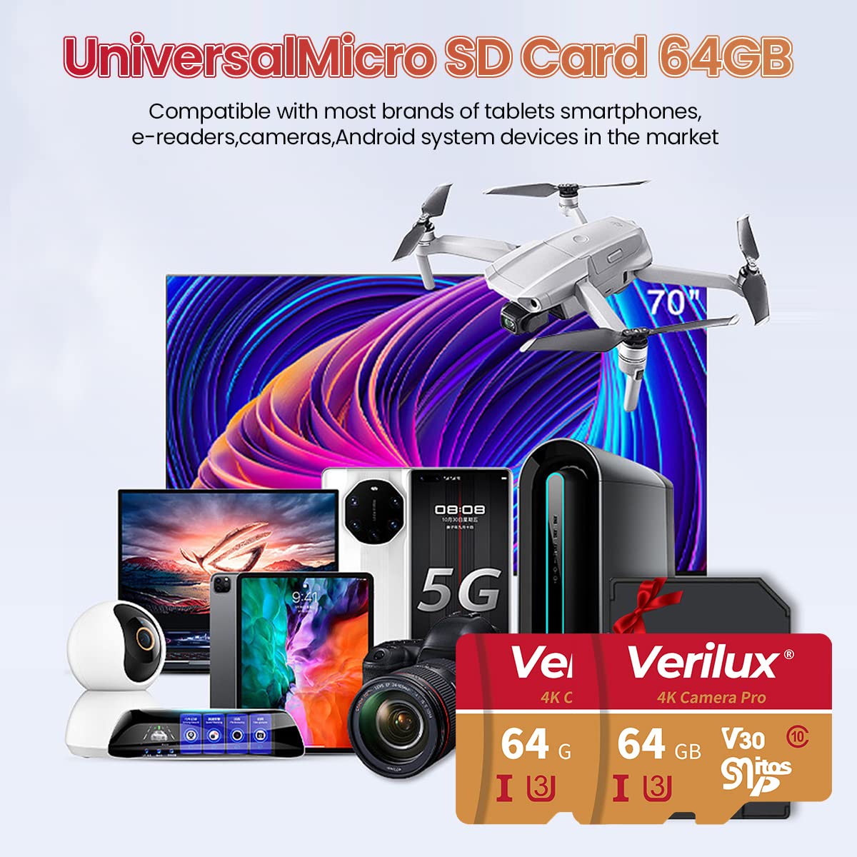 Verilux microSDXC Memory Card 64GB for 4K UHD Video with 80MB/s Read Speed | Waterproof