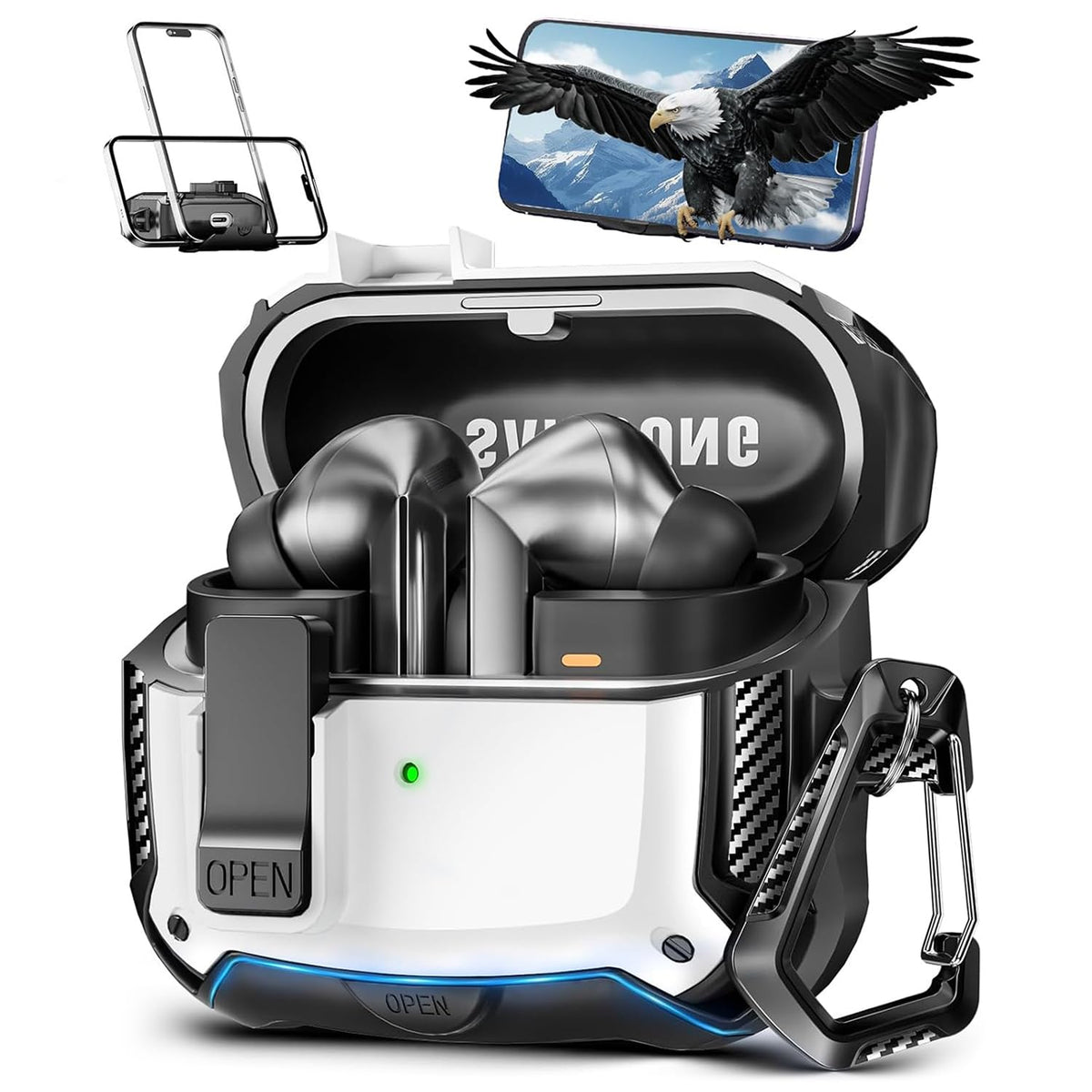 ZORBES® for Samsung Galaxy Buds3 FE / Buds3 Pro/Buds 3 Case with Phone Stand &Secure Lock Clip & Cleaning Kit Full Body Anti-Scratch Shockproof Carbon Fiber Protection Design with Carabiner, White