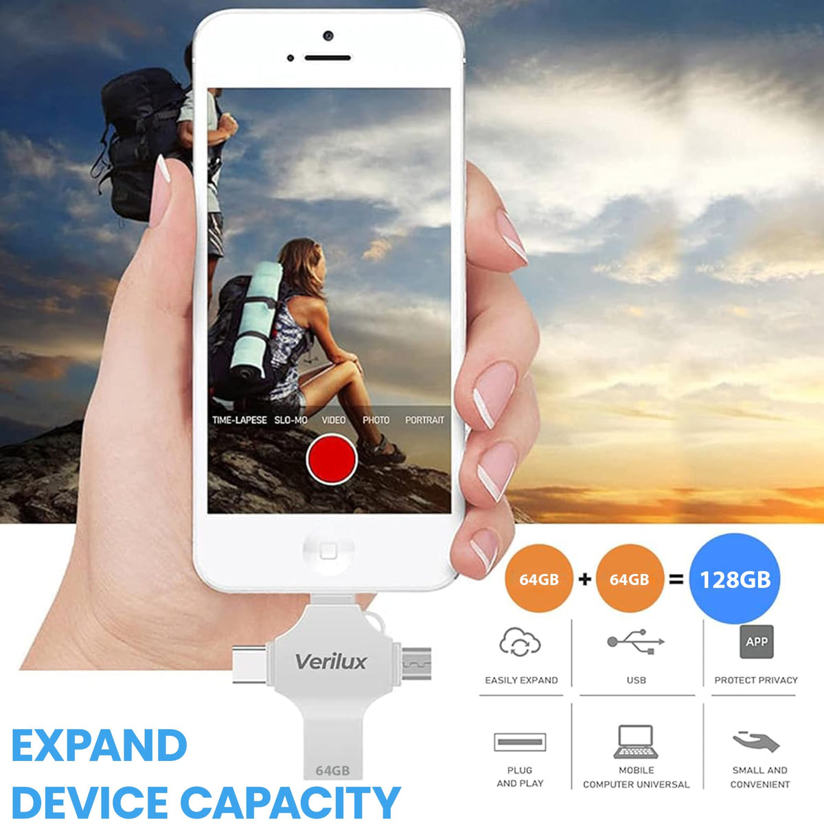 Verilux Pendrive 64GB for iPhone and Android featuring 4 in 1 USB A C Micro USB | White Metal