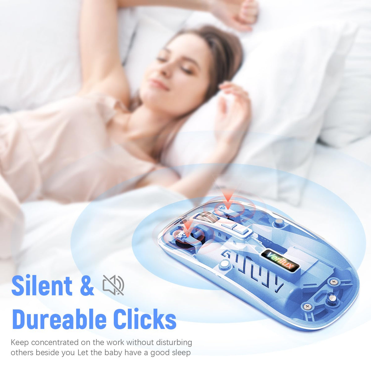 Verilux Wireless Mouse for Laptop with Dual Mode 2.4G & Bluetooth 5.1 featuring 1600DPI and Transparent Shell | Rechargeable 500mAh Silent Design