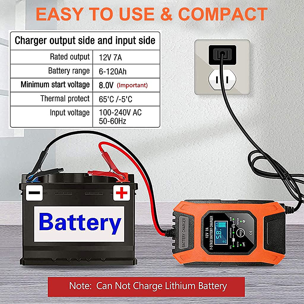 Verilux Car Battery Charger 12V 7Ah | New Upgrade 7-Stage Automatic Pulse Repair Battery Charger & Maintainer for ATVs/Golf Cart/Motorcycle/Car/Yacht Mower and More (Red)