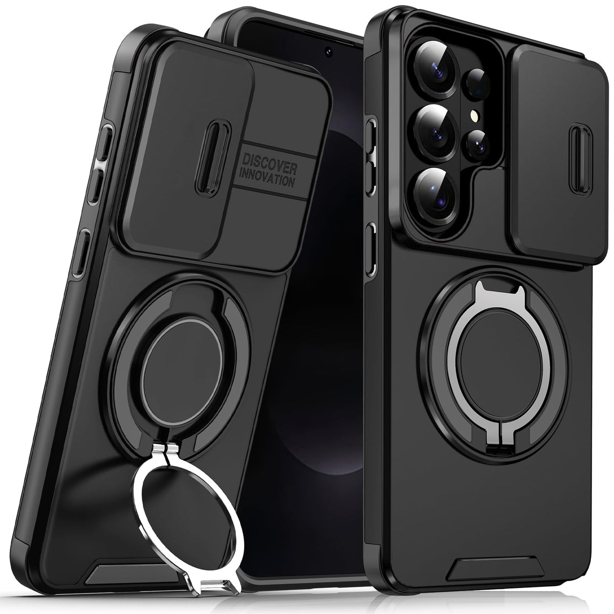 ZORBES® Compatible with Samsung Galaxy S26 Ultra, Phone Case with Magnetic Desk Ring Support, Anti-Scratch PC Phone Case with TPU Bumper, Sliding Lens Guards, Fashion Protective Phone Accessory Black