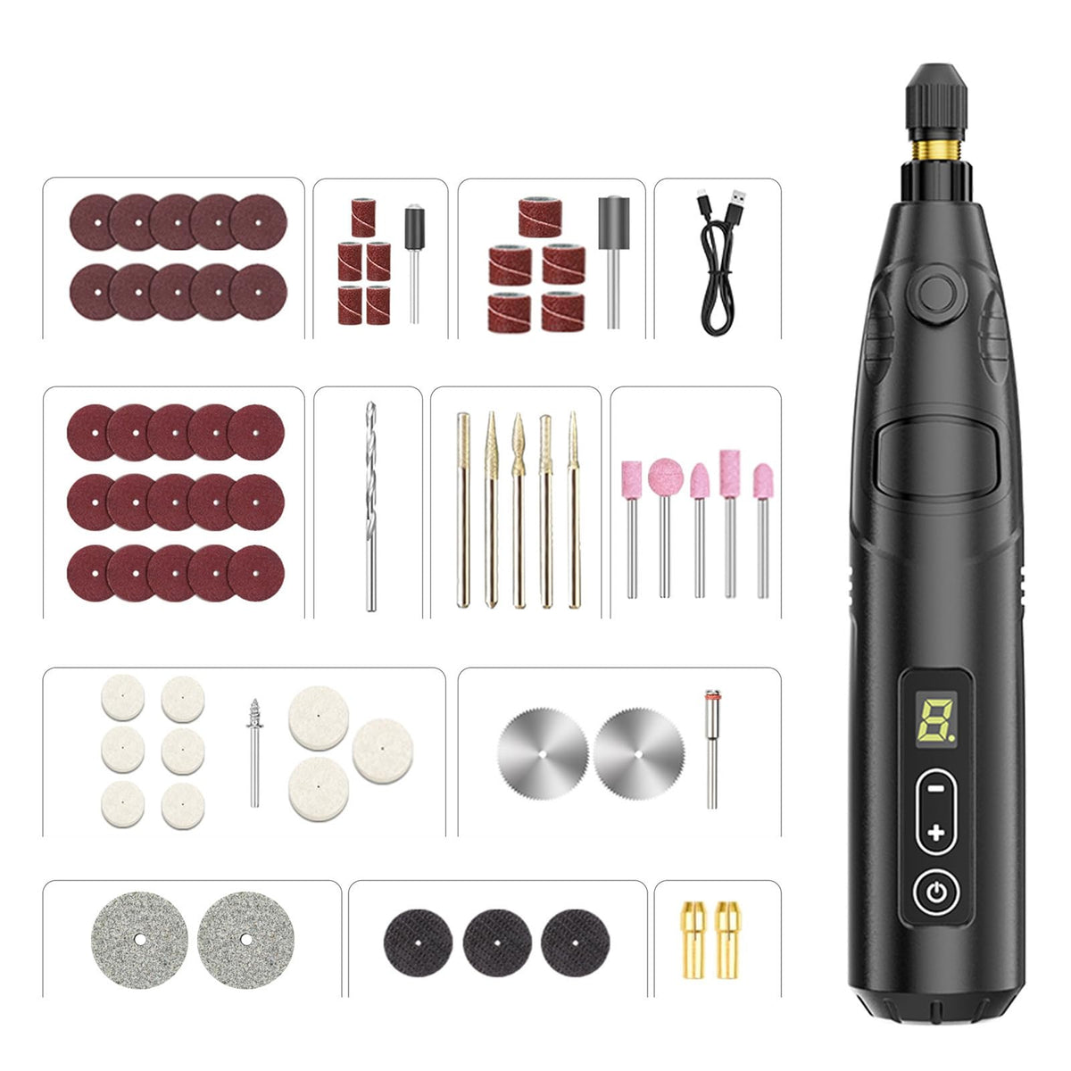 Serplex® USB Rechargeable Cordless Mini Rotary Tool Kit, 6-Speed Electric Drill Engraver with LCD Display, 800mAh Battery, Multi-Function Grinding Cutting Polishing & Drilling Accessories Set