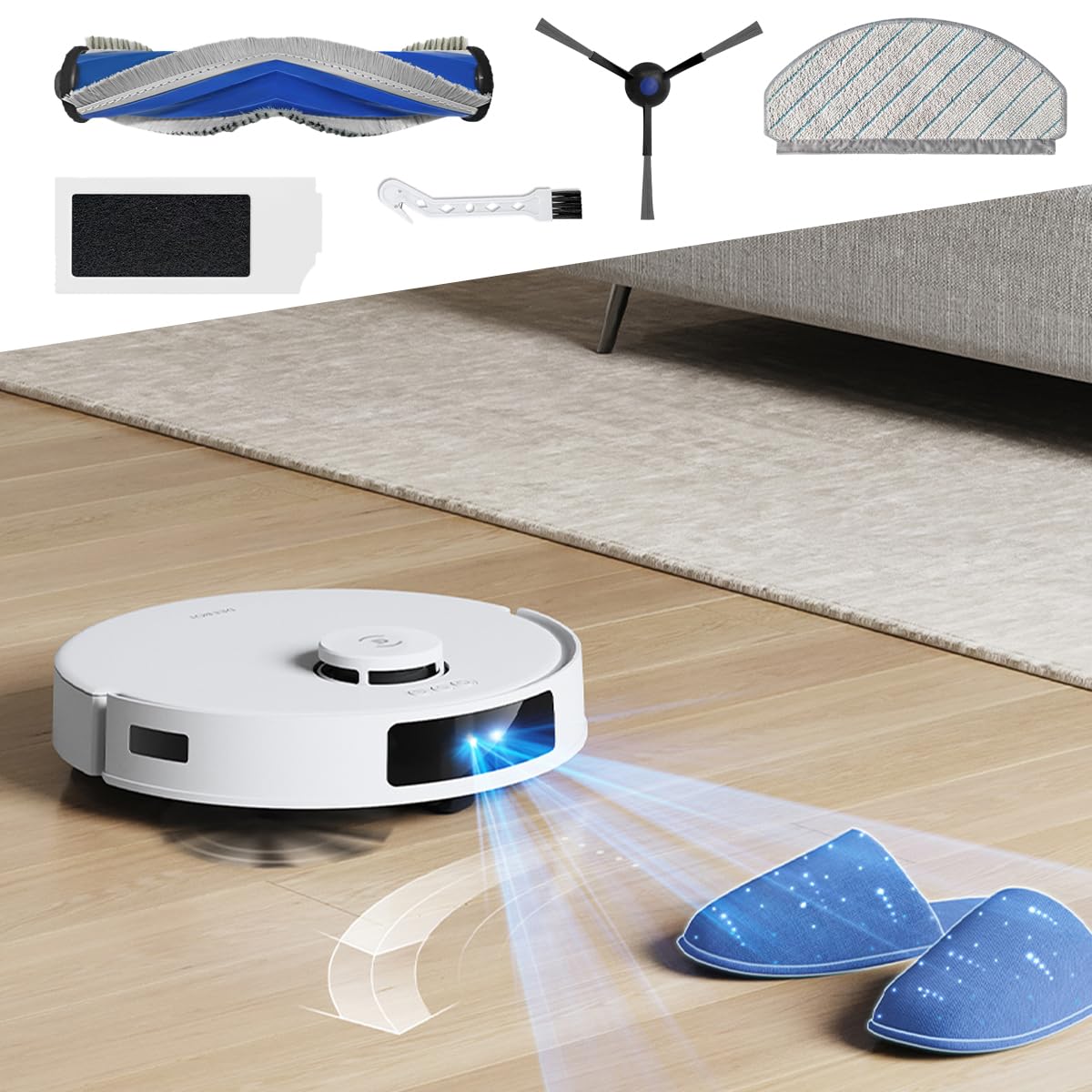 Verilux® Vacuum Cleaner Accessories for Ecovacs N20 Pro/N20 Robot Replacement Vacuum Cleaner Accessories with1 Main Brush, 4 Side Brushes, 2 Mop Cloth, 2 Filters, 1 Cleaning Detailing Brush (10Pcs)