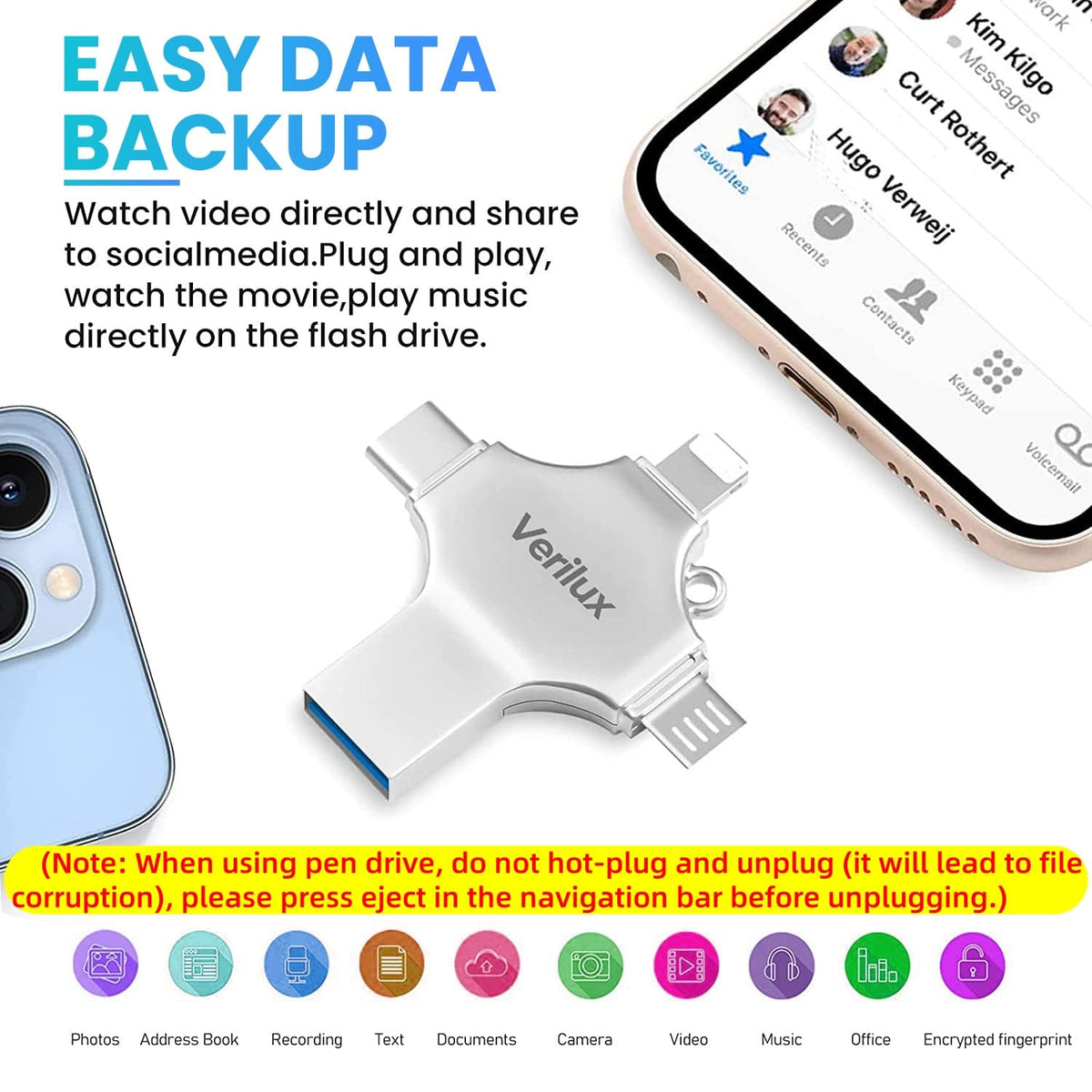 Verilux Flash Drive for iPhone and Android with 128GB Storage featuring 4 in 1 Interfaces