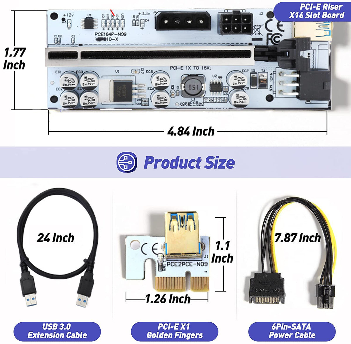 Verilux VER010-X PCIE Riser - PCIE Cable 6 Pin 1X to 16X Powered 8 Capacitors Pcie Riser Adapter Card & USB 3.0 Extension Cable GPU Riser Adapter-Mining Bitcoin, Ethereum ETH Zcash ZEC Monero XMR