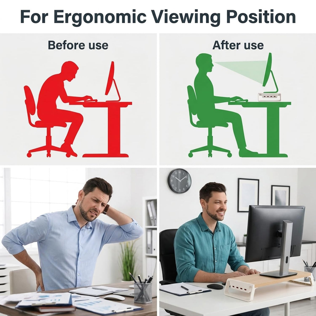ZORBES Wooden Monitor Stand Riser with 4 USB Ports & Under-Desk Storage
