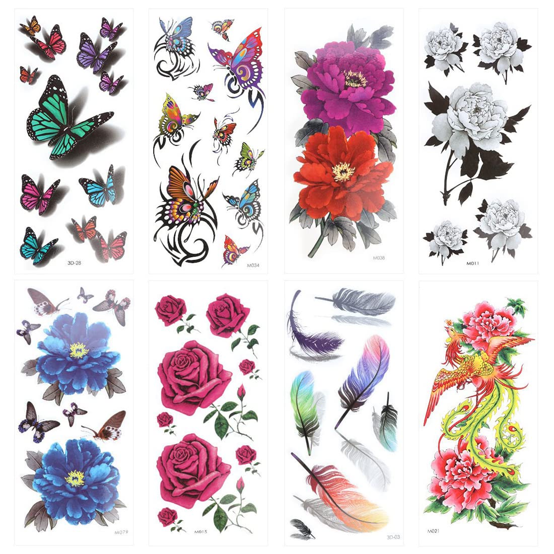 ZORBES® 8 pcs Waterproof Colorful Assorted Pattern 3D Temporary/Fake Tattoos Art Sticker for Adult Men & Women for Arms, Legs, Face