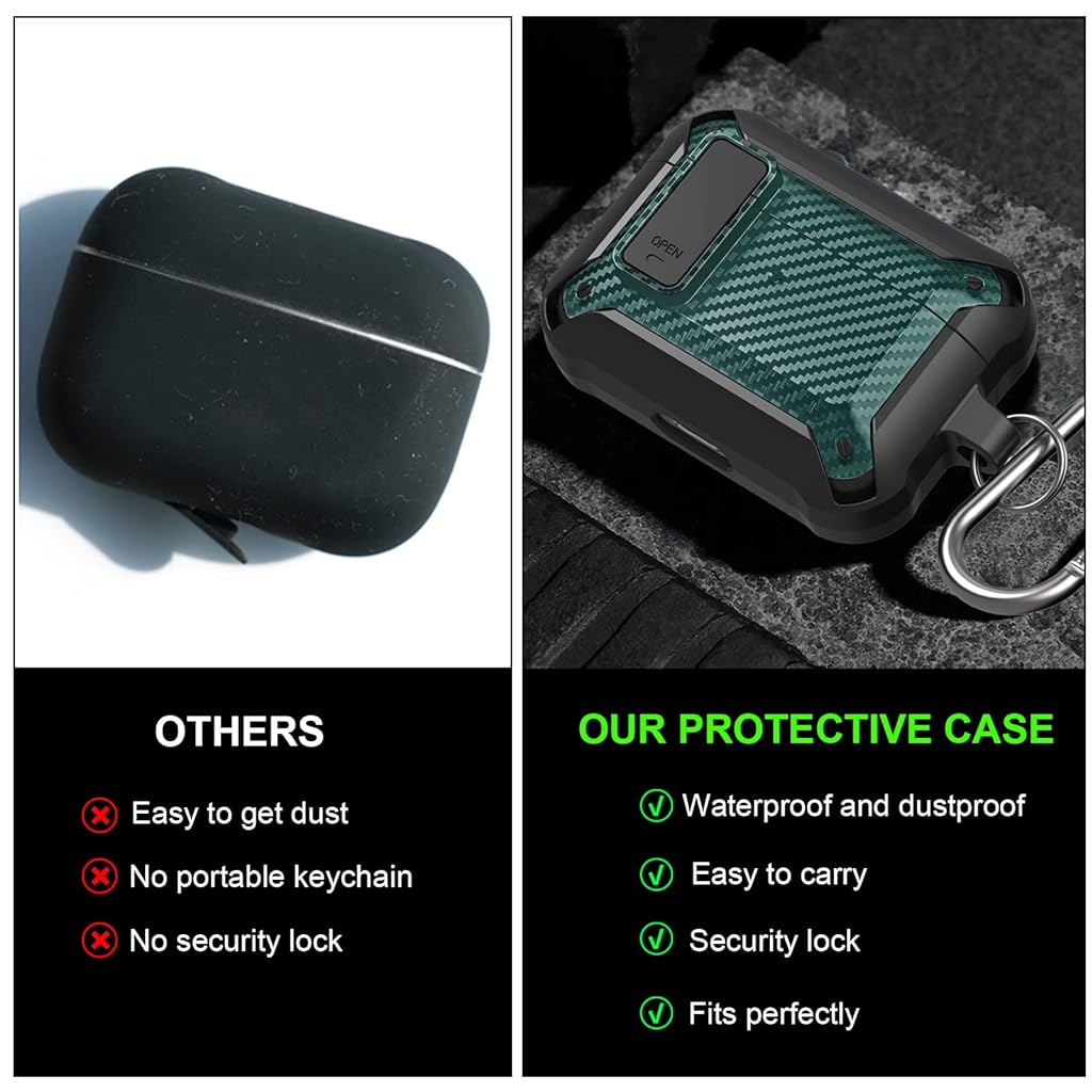 ZORBES® TPU Airpods Pro Case Fashion Carbon Fiber Design Airpods Pro Cover Airpods Pro Shockproof Case with Carabiner Support Wireless Charging,Green