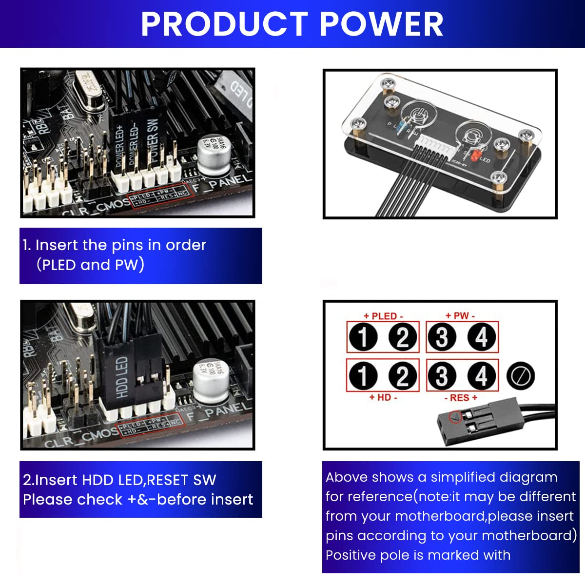 Verilux® Desktop Computer Power Button PC External Power Switch with Reboot Button,Transparent Acrylic DIY Modification,Motherboard Switch Button Extension Cable