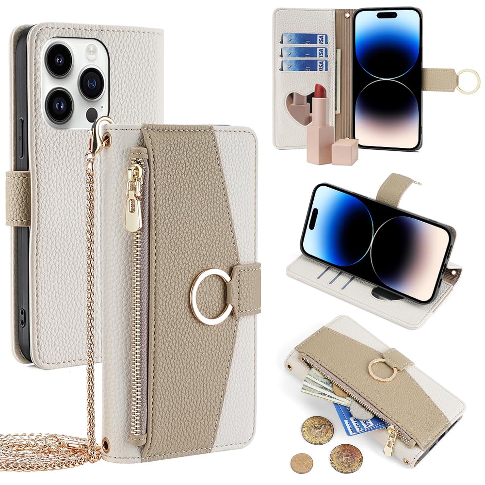 ZORBES® Leather Phone Case for iPhone 15 Pro Fashion Women Flip Wallet Phone Case with Cash Zipper Pouches & Card Holders Multifunctional PU Leather Flip Phone Case with Removable Chain Strap