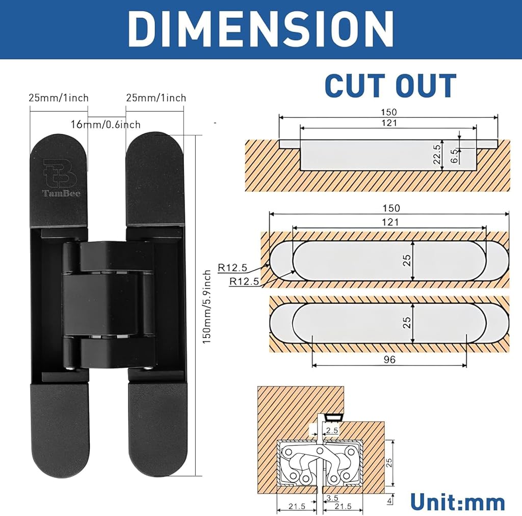 Serplex® 2Pcs Hidden Door Hinges for 25mm Thickness Door, Invisible Quiet Cabinet Hinges, Heavy-Duty Alloy Steel Concealed Hinges for Large Doors, Supports 20KG, 0.59'' Leaf Width, 2.75" Leaf Hight