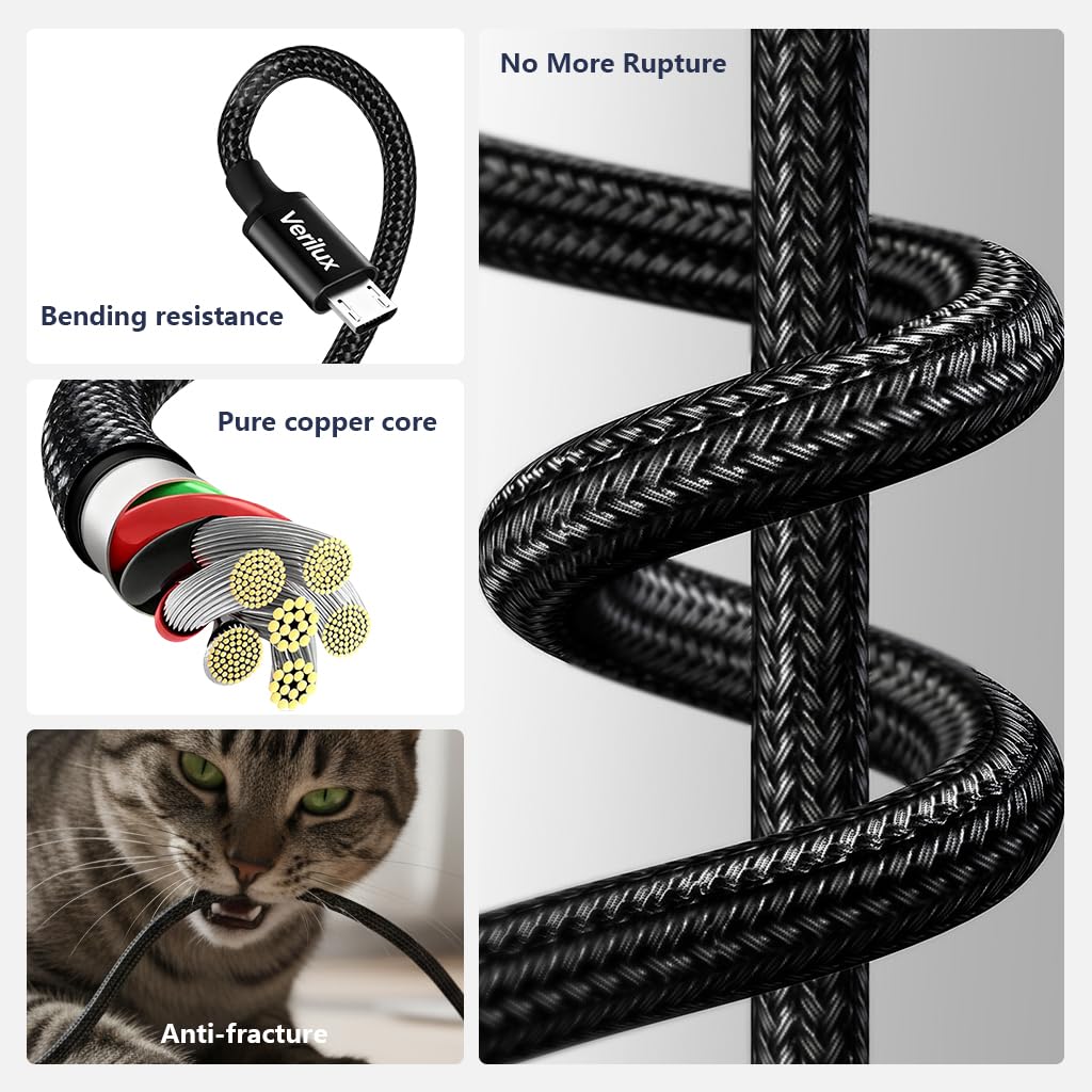 Verilux Type C to Micro USB Cable for Fast Charging with 9.8 ft Length and Nylon Braided Design