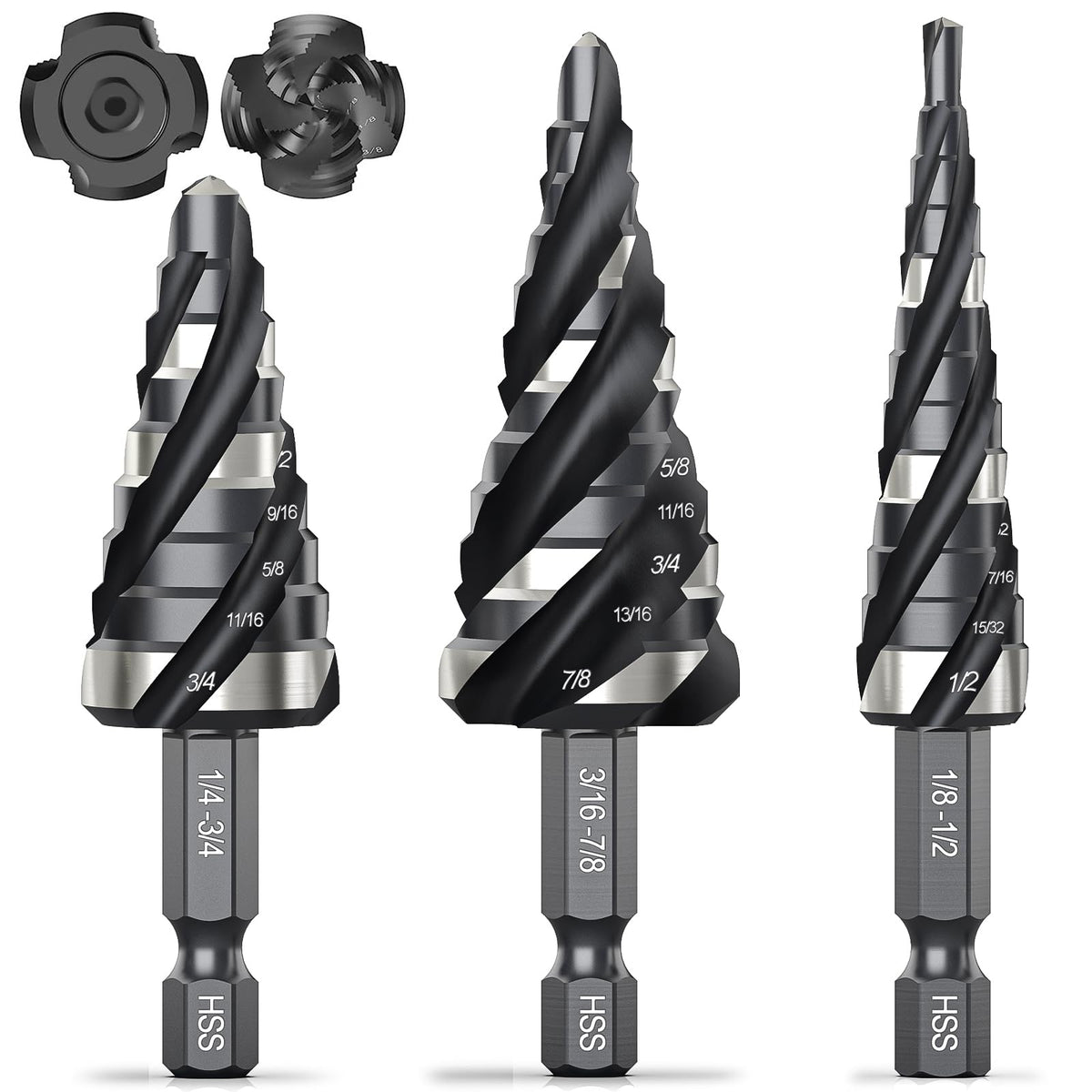 Serplex® Four Spiral Flute Step Drill Bit Set,3 Pcs HSS Step Drill Bits (1/8"-7/8") Unibit Bit with Tool Box,1/4" Shank Bits for Aluminum Wood Plastic Metal-Mixed Colors