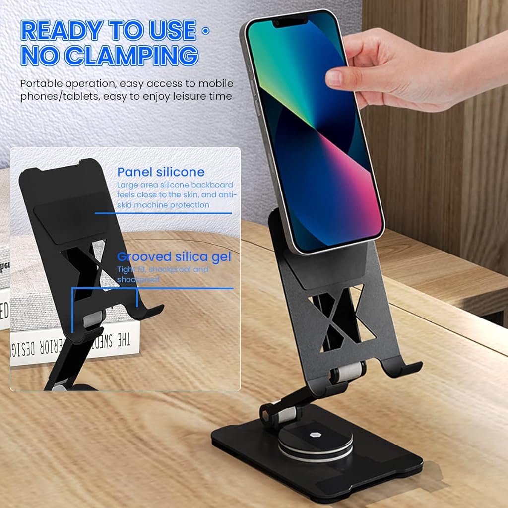 ZORBES® Mobile Stand for Table, Aluminum Mobile Holder for Table, Foldable Tablet Stands 360° Rotatable Phone Stand Holder Adjustable Height & Tilting for iPhone/iPad/Tablets, Most Devices in 4-12.9"