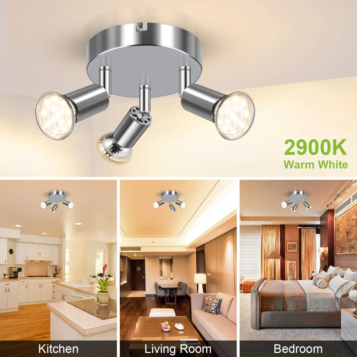 Verilux LED Ceiling Light for Kitchen and Living Room with 3 Rotatable Spots including 3 GU10 4W Bulbs | White Chrome Adjustable Round Plate