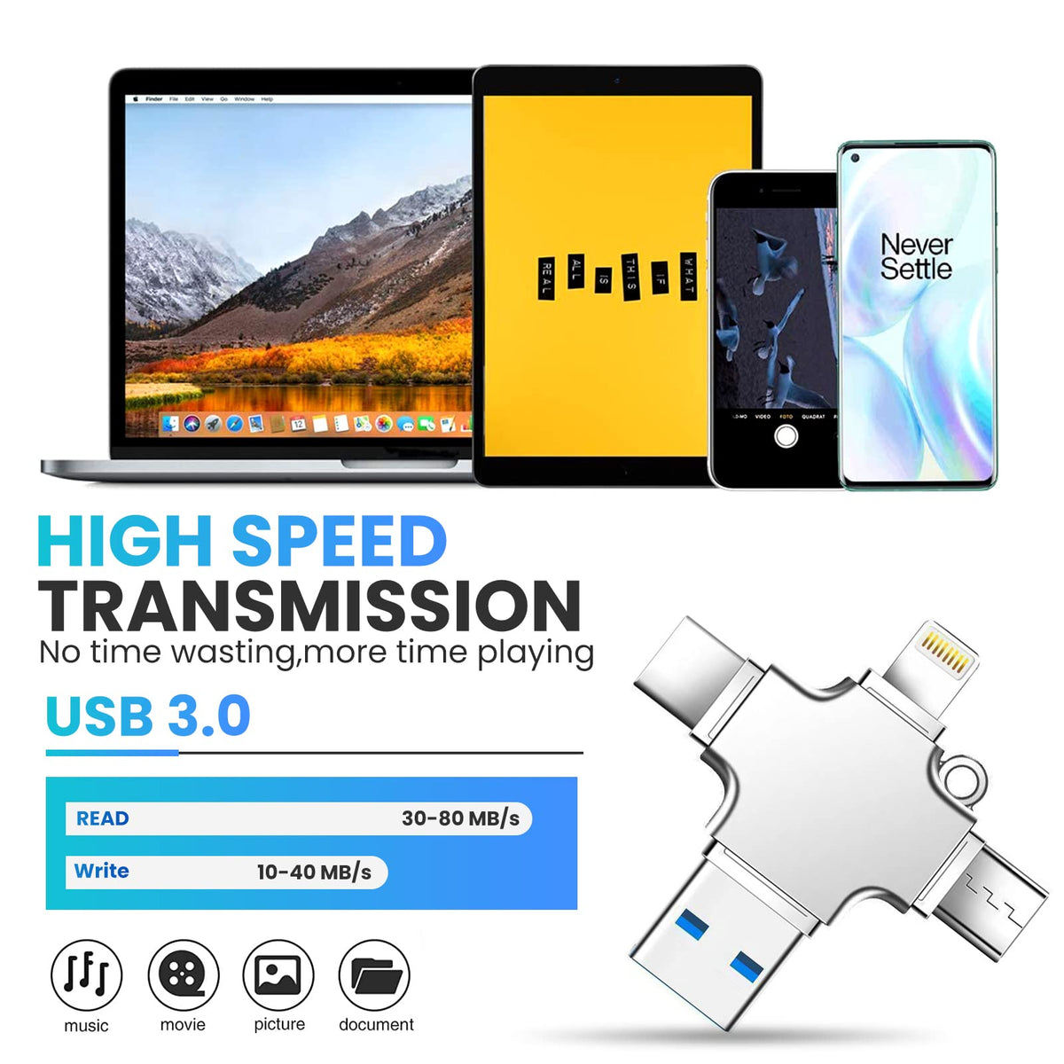 Verilux Flash Drive for iPhone and Android with 128GB Storage featuring 4 in 1 Interfaces