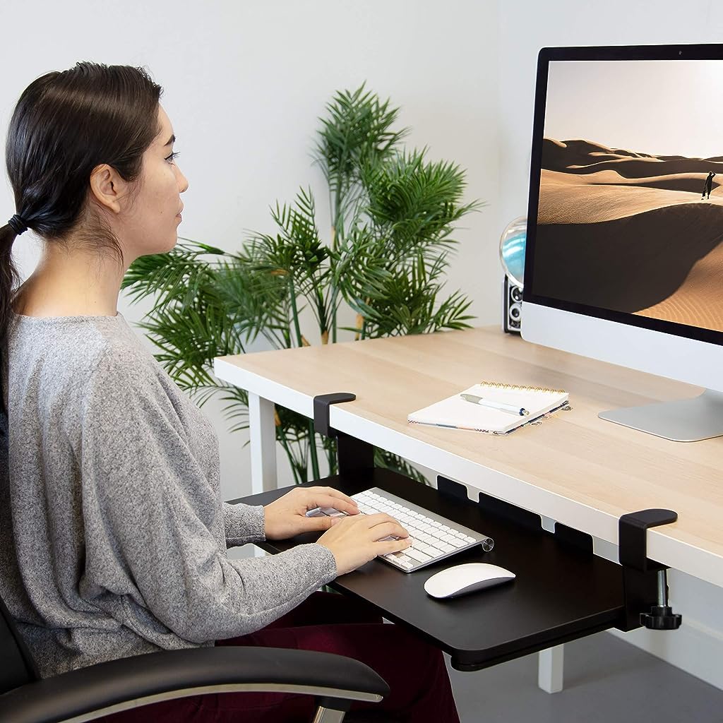 Verilux® Keyboard Tray Under Desk Pull Out Keyboard Rack, Retractable Clip Mount Installation Drawer Style Keyboard Rack Under Sliding Keyboard Rack for PC Desk, Office Desk, Dorm, 25.5'' x 9.8''