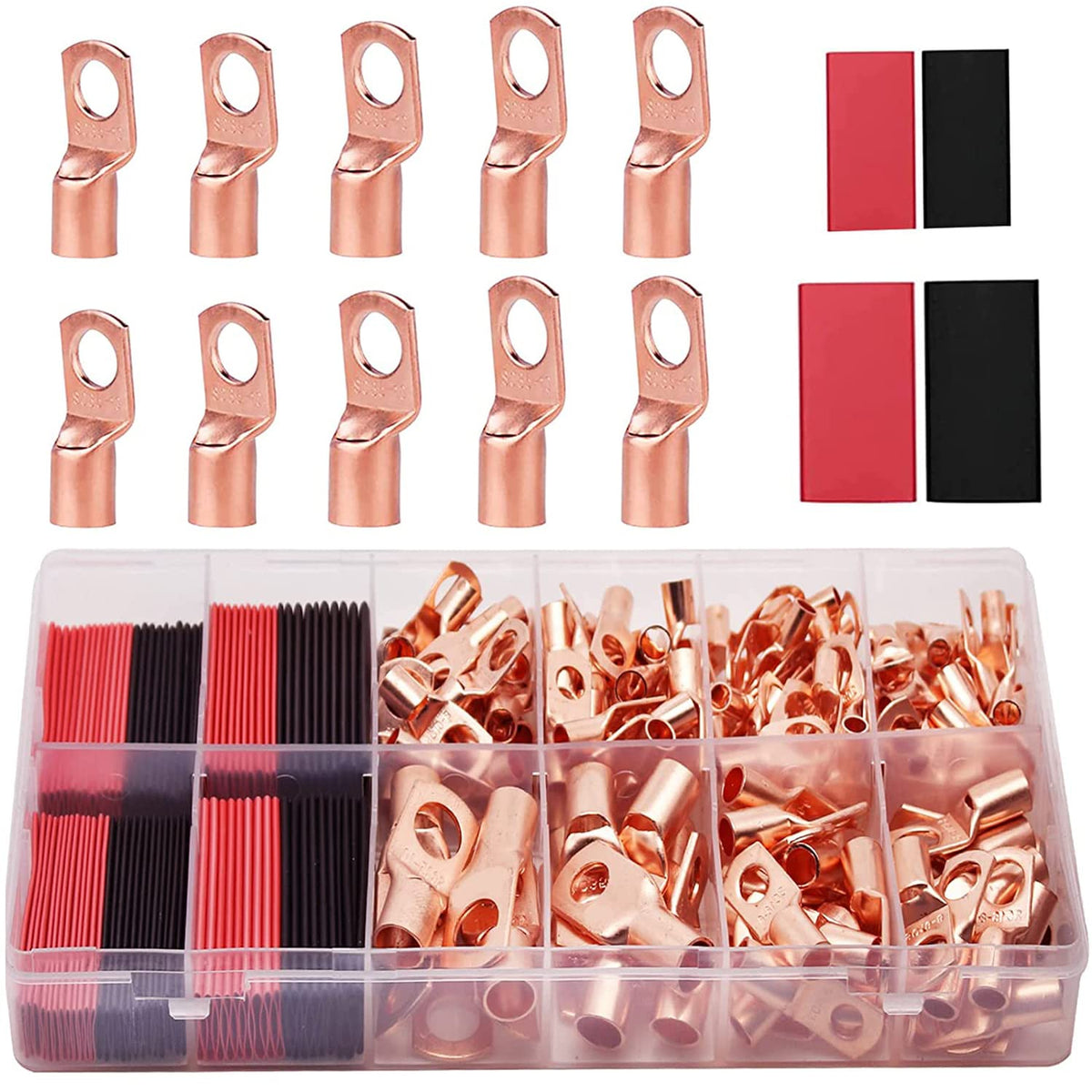 Serplex® Copper Ring Terminal Kit with Heat Shrink Tubing, Red Copper Battery Cable Lugs AWG6-AWG12, Electrical Crimp Connectors Set with Insulated Sleeves, for Automotive Marine Solar Wiring