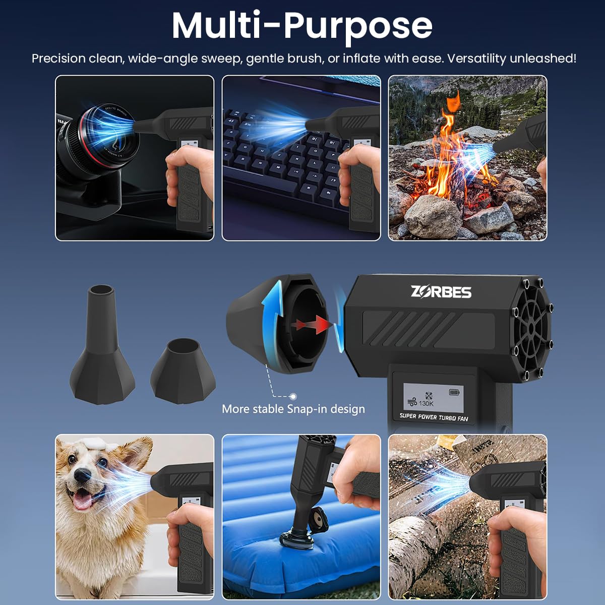 ZORBES® Handheld Air Duster, Mini Blower Fan Turbo Jet Blower with Display, 2 Nozzles Ultra Strong 4 Stage Wind Adjustment, USB LED Portable Air Blower for Car Cleaning Computer Keyboard Travel Hiking