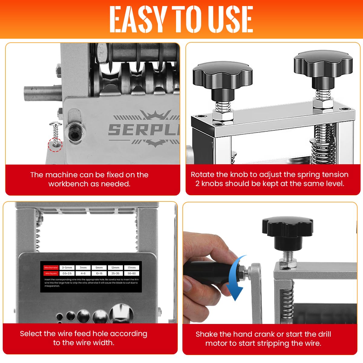Serplex® 6-IN-1 Manual Wire Stripper Machine for Drill-Operated Wire Stripper Tool with Hand Crank 3-17mm Diameter Cable, Manual Stripping Machine Featuring 6 Tracks & 5 Carbide Blades