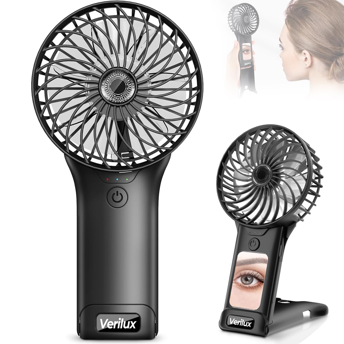 Verilux Hand Fan for Women with Hidden Makeup Mirror and 4 Speed Brushless Motor | 20Hr Rechargeable Portable Fan